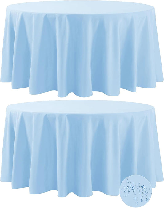 Fokitut 2 Pack Waterproof Round Tablecloth, 132 Inch, Stain Resistant and Wrinkle Polyester Table Cloth, Fabric Table Cover for Kitchen Dining, Wedding, Party, Holiday Dinner-Blue Mist