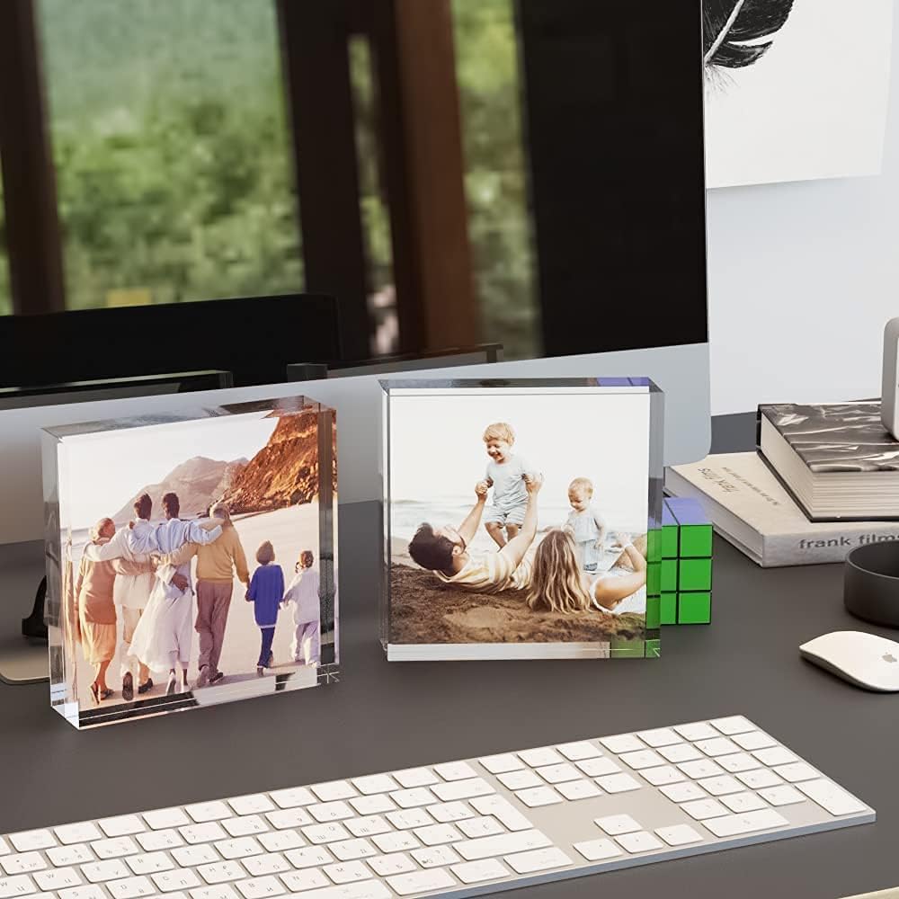 HELPLEX Acrylic Frame, 5 Pack 4x4 Inch Picture Frames, 20mm Thicker Frameless Clear Double Sided Magnetic Free Standing Desktop Display Stand