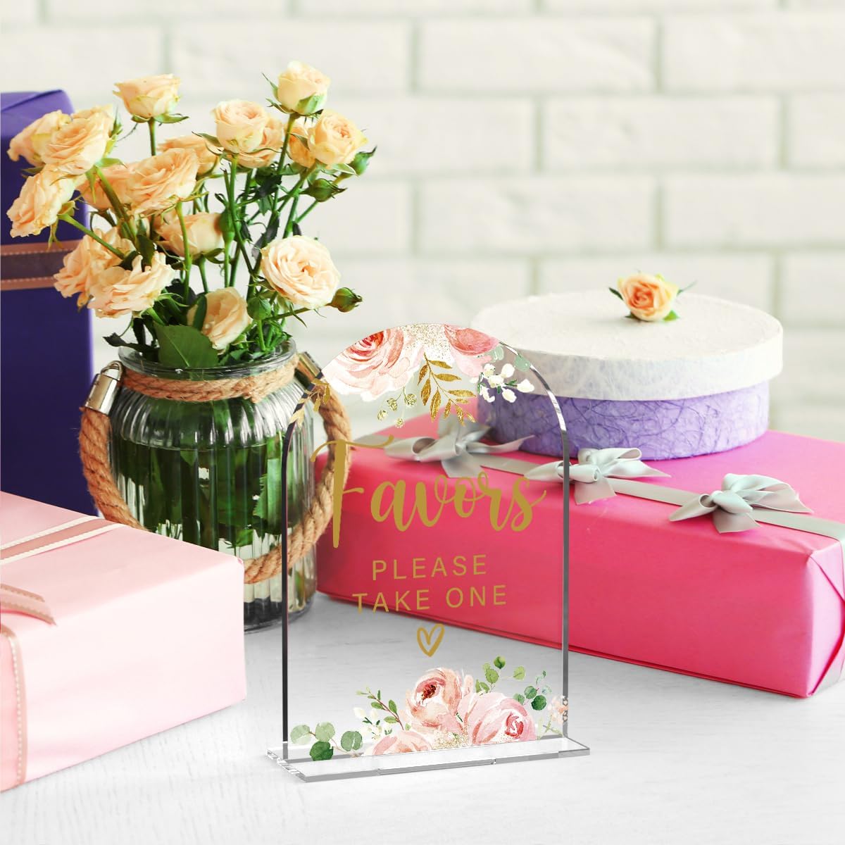 Acrylic Wedding Signs, Bridal Shower Decorations, Modern Calligraphy Arch Acrylic Table Top Sign for Wedding Reception and Engagement Parties - Favors Please Take One (Clear Pink Flowers)