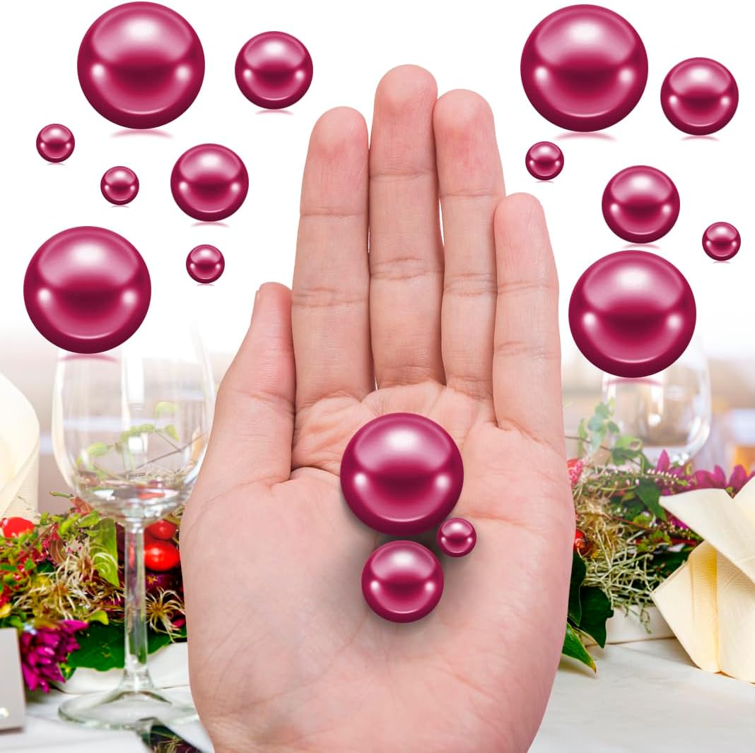 150Pcs Wine Red Polished No Hole Faux Pearl Beads for Vase Filling Decorations, Plastic Pearls Vase Fillers, Table Scatters, Wedding Centerpiece, Home Decor, 8/14/20 mm
