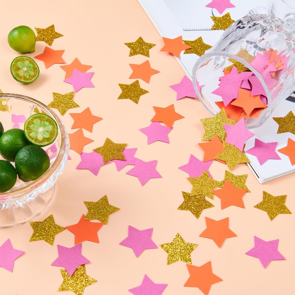 Hot Pink Orange and Gold Star Confetti Table Decoration for Baby Shower Birthday Wedding Graduation Fall Autumn Groovy Theme Party,1.2 inch in Diameter,200 Counts