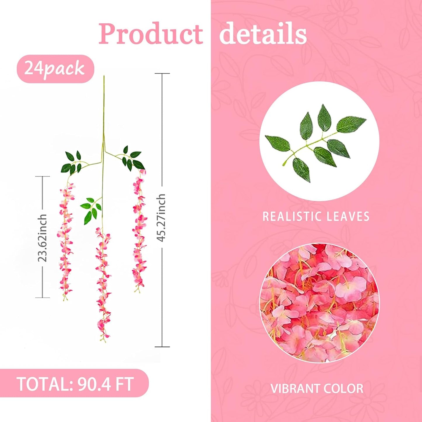 24 Pack Dark Pink Wisteria Hanging Flowers Garland, 3.77 Feet Artificial Flower Vines, Fake Wisteria, Artificial Vines Hanging Garland for Backdrop Outdoor Yard Garden Decor