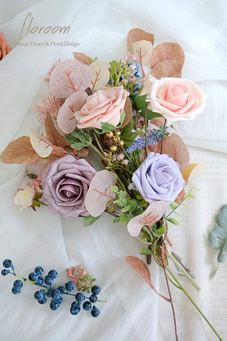 Floroom Artificial Flowers 25pcs Real Looking Blush Foam Fake Roses with Stems for DIY Wedding Bouquets Bridal Shower Centerpieces Party Decorations