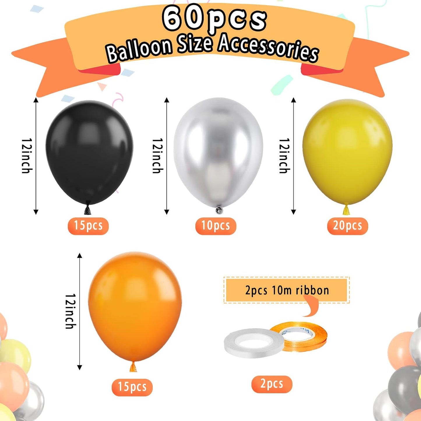 Paready Black Orange Yellow Balloons, 60 Pcs 12 Inch Orange Black Yellow and Metallic Silver Balloons, Car Theme Party Balloon for Kids Construction Theme Birthday Baby Shower Party Decorations