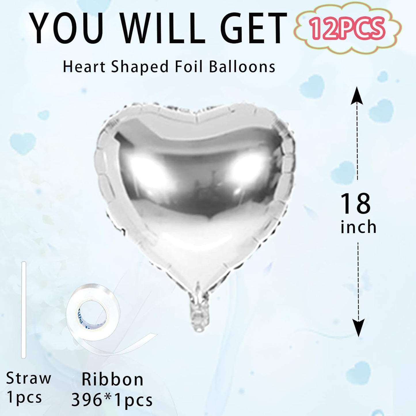 Silver Heart Balloons,18inch Bright Silver Heart Shaped Foil Balloons 12Pcs Helium Mylar Balloon for Anniversary Wedding Engagement Birthday Party Baby Shower Decorations
