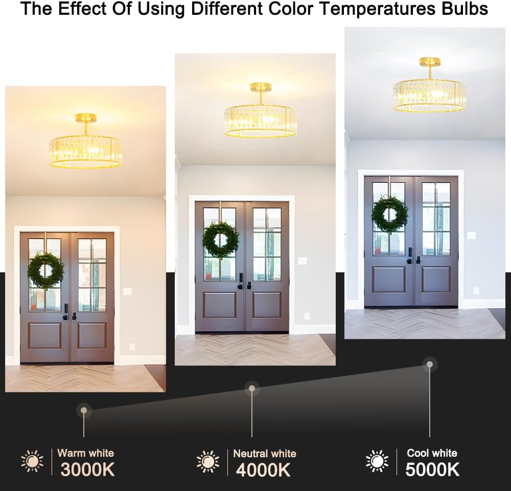 Modern Crystal Ceiling Light Fixture, Semi Flush Mount Ceiling Light, Brushed Brass Hallway Lighting Fixtures Chandelier, Crystal Chandelier for Kitchen Bedroom Dining Room Closet, 5-Light, 16 Inch