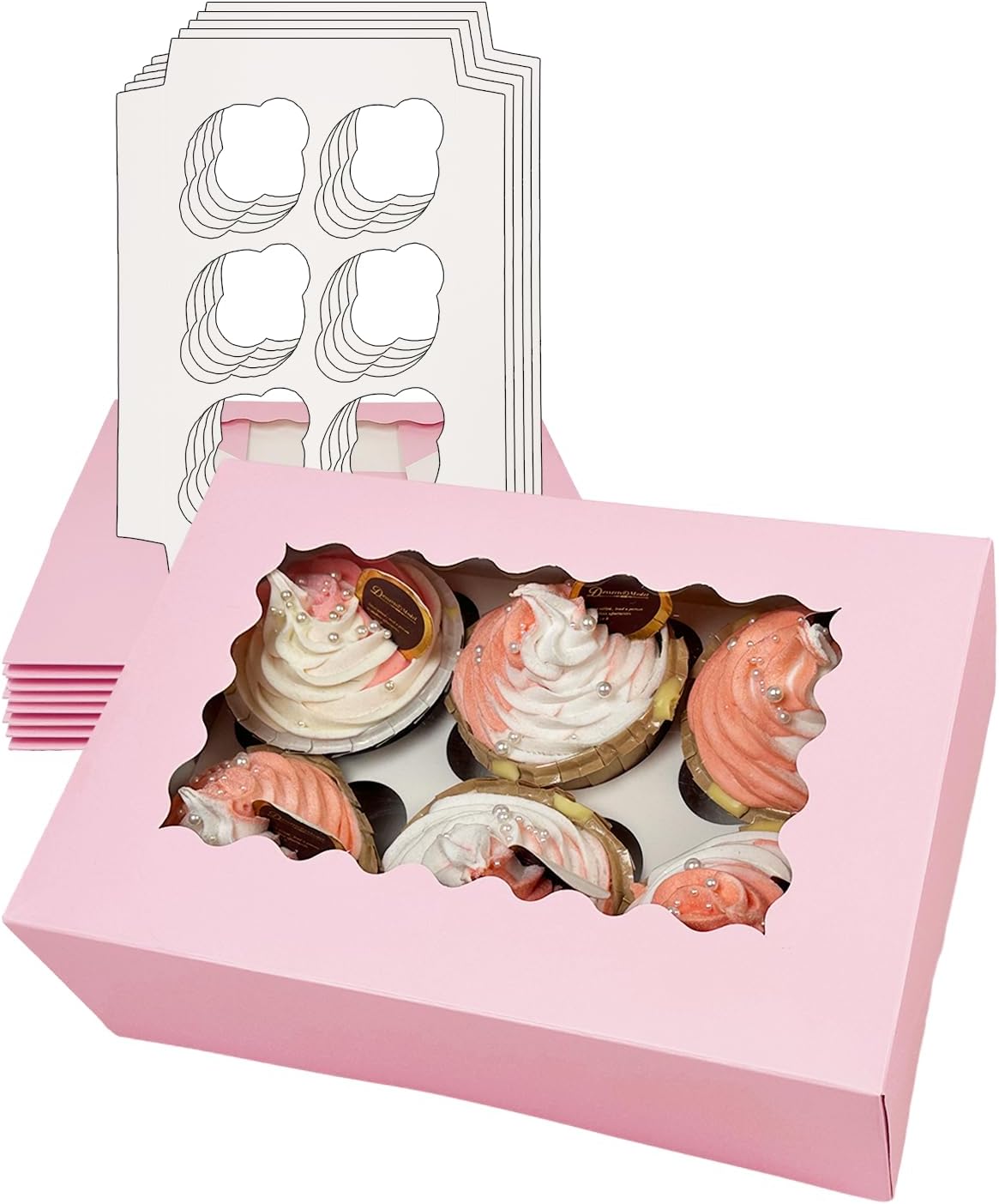 Bakepacker Auto-pop up 6 Cupcake Boxes with Window 20 Count Pink Box 9.4 x 6.1 x 3 inch Cupcake Carrier