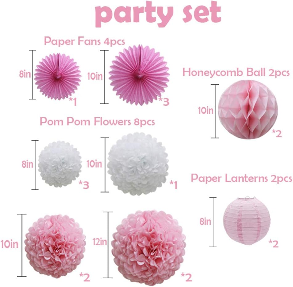 16pcs Pink Party Decorations Paper Pom Poms Honeycomb Balls Lanterns Tissue Fans for Birthday Wedding Baby Shower Graduation Valentine Party Supplies