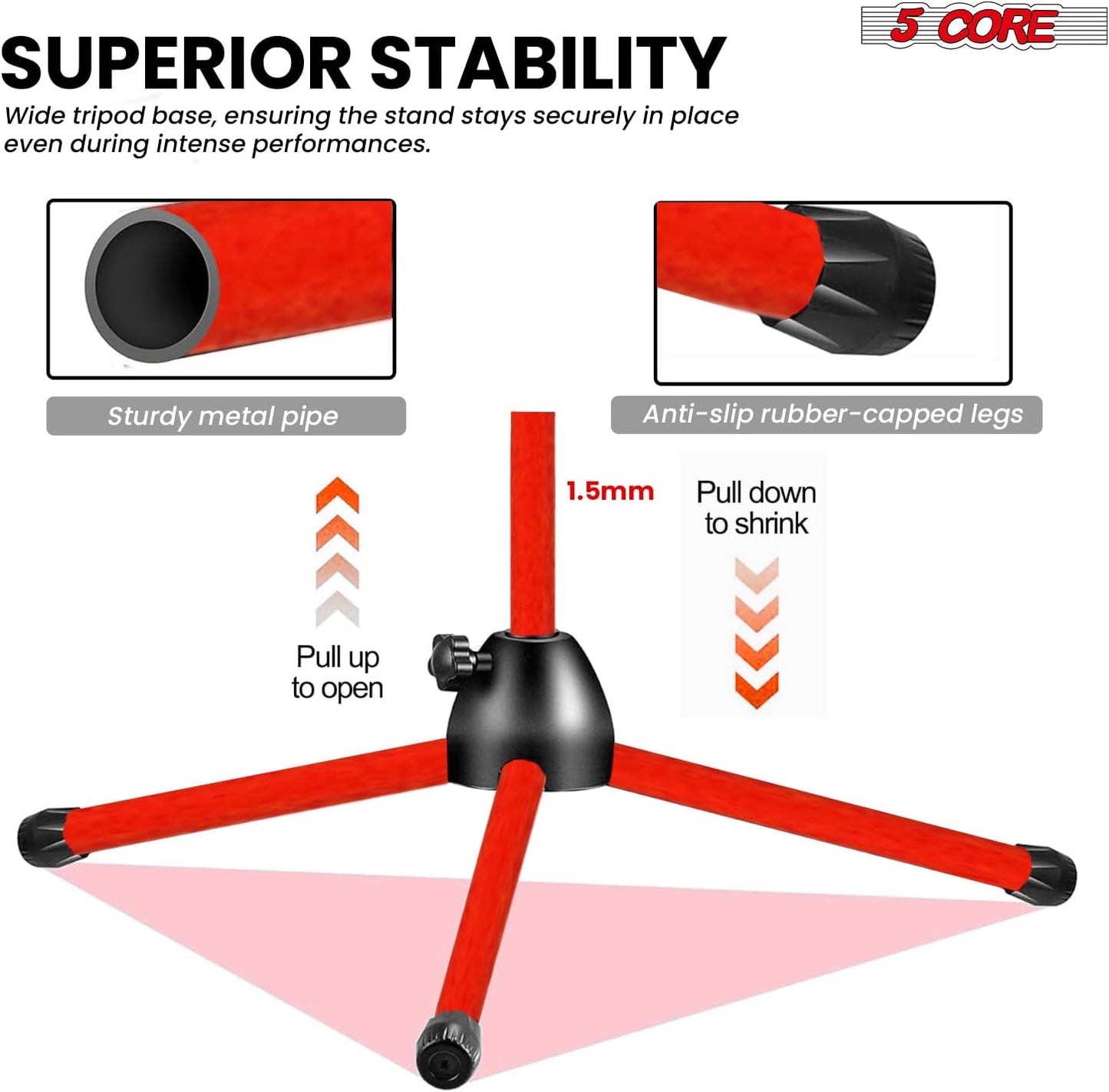 5 Core Tripod Mic Stand Floor Adjustable 18 to 72 Inches Sturdy Boom Arm Holder Microphone Stands Pedestal Para Microfono for Singing - MS 080 RED