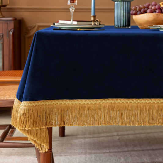 F-CHU Luxury Blue Tablecloth Thickset Velvet Tablecloth with Beautiful Gold Tassels Vintage Table Cloth for Home Decor Wedding, Party, Banquet and Events 60x102-Inch