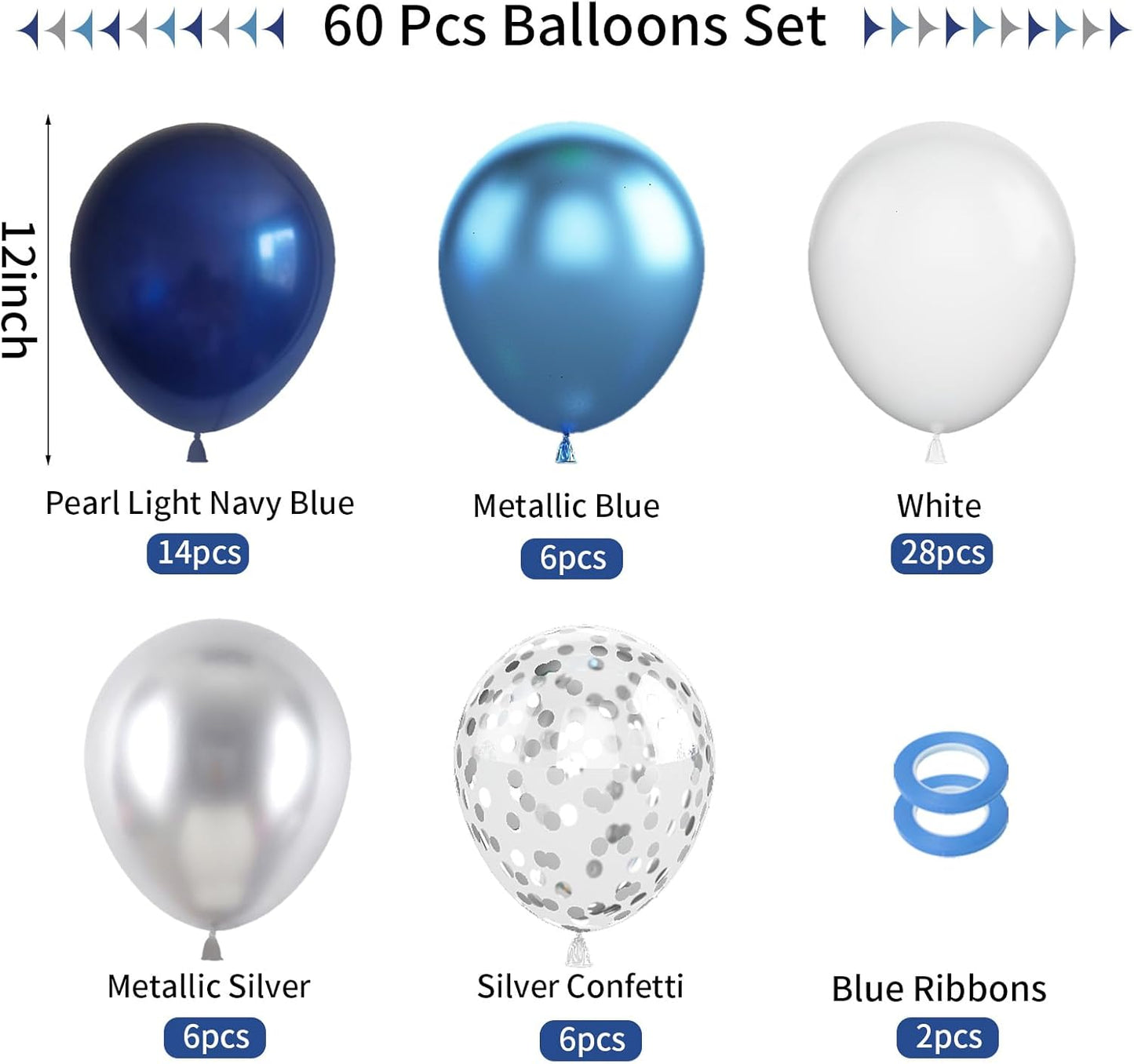 Navy Blue & Silver Balloons - 60pc Metallic & Latex Mix, 12" White Balloons with Silver Confetti for Birthday, Baby Shower, Graduation & Wedding Parties
