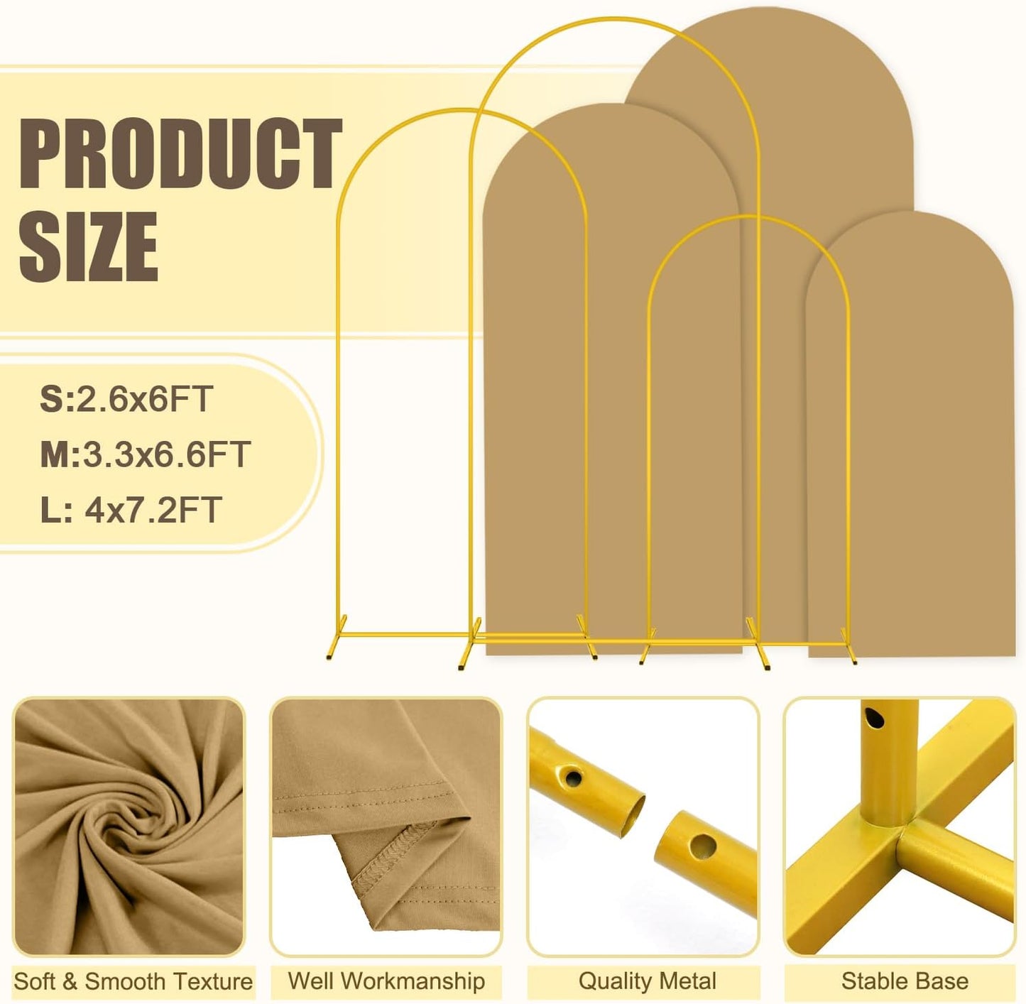 MODFUNS Arch Backdrop Stand and Cover Set 6&6.6&7.2ft Khaki Arch Backdrop Covers Set of 3 Gold Arch Frame Spandex Arched Covers for Party Birthday Banquet Wedding Ceremony Decoration
