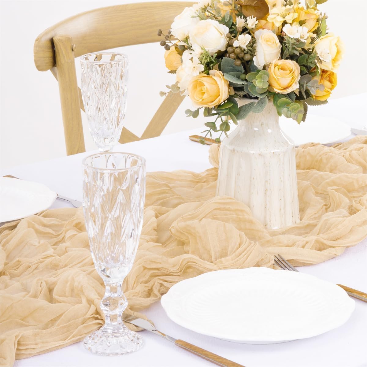 6Pcs Shallow Khaki Cheesecloth Table Runner 120 Inch10FT Champagne Rustic Boho Cheesecloth Table Runnerfor Wedding Party Baby Shower Birthday Home Decor Holiday Decorations