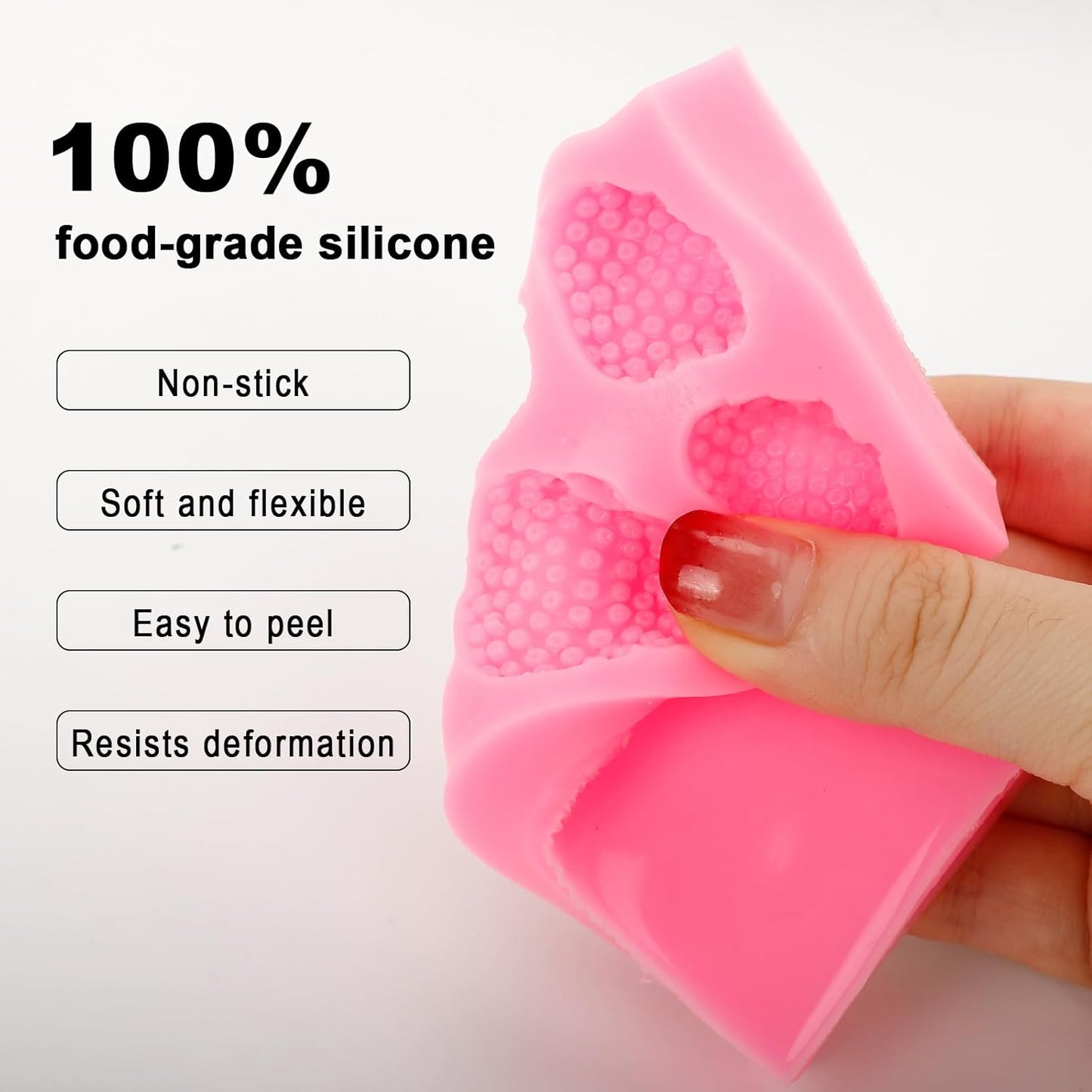 5PCS Strawberry Silicone Molds, 3D Chocolate Fondant Fruit Mold Set for Cake Decoration, Candy, Jelly, Soap, Candle Making (Pink)