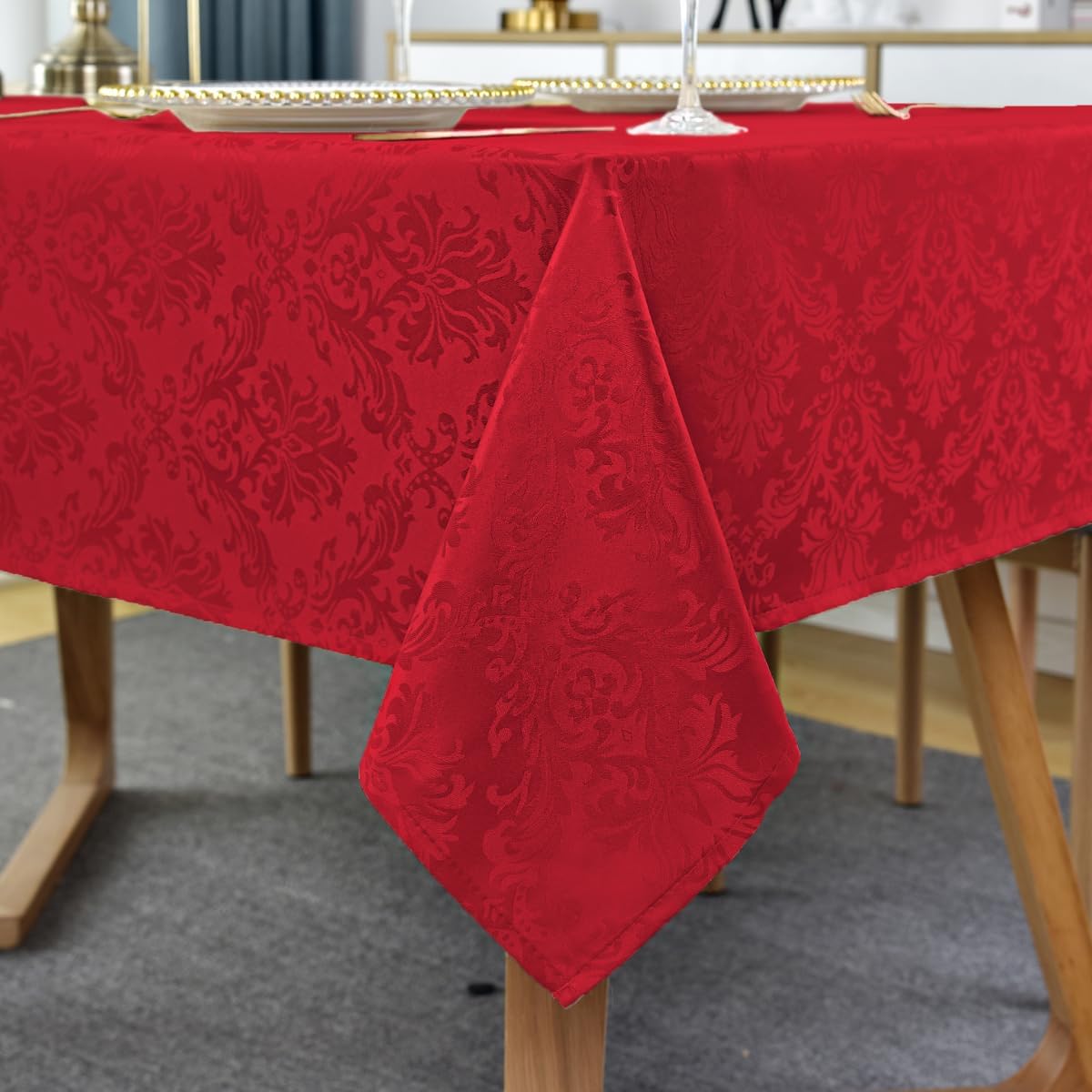 SASTYBALE Rectangle Jacquard Tablecloth, Damask Table Cloth SpillProof Wrinkle Resistant Tablecloths, Soft Polyester Oblong Table Cover for Kitchen, Dinner, Parties (Red, 52X70)