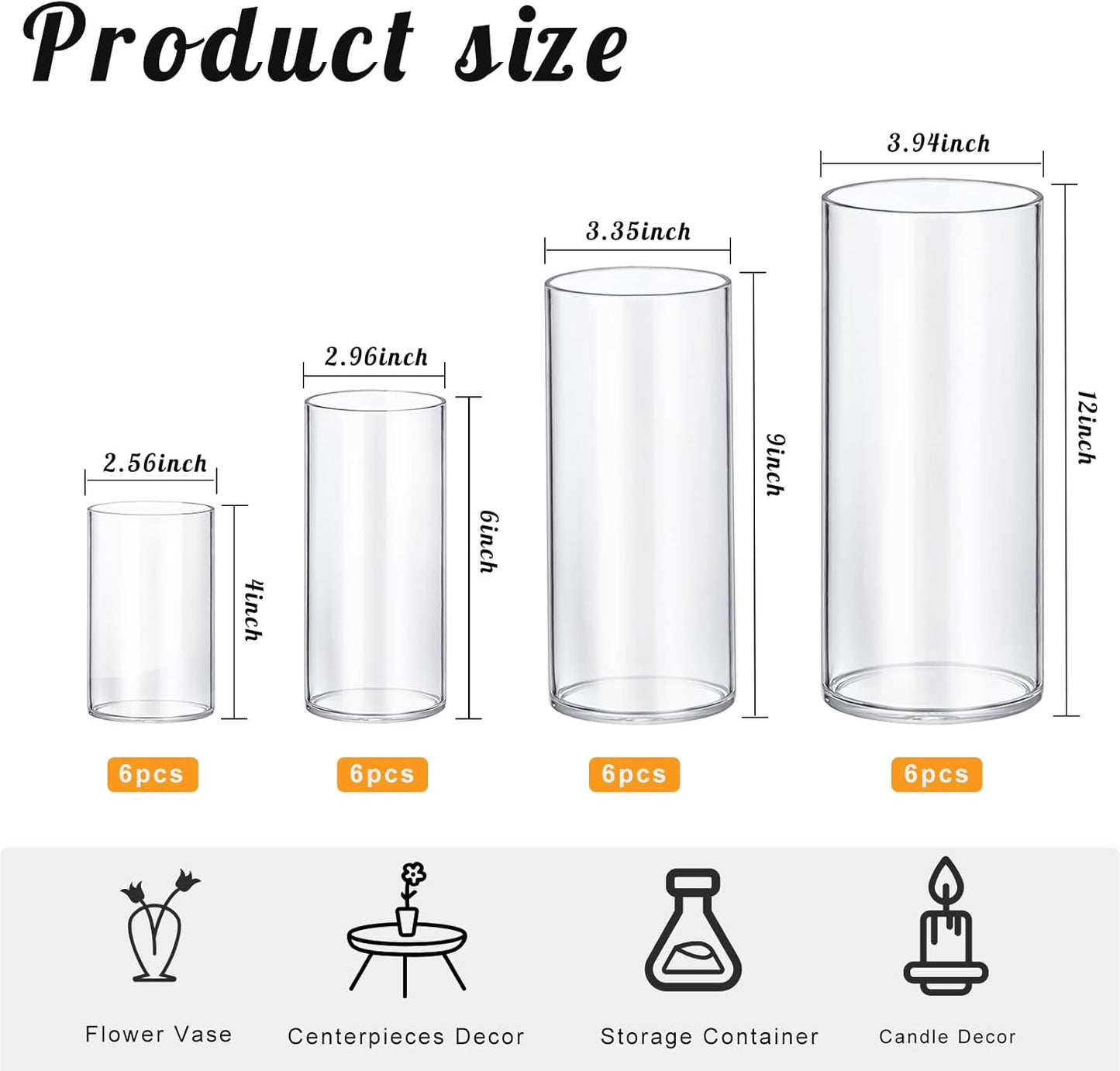 24 Pack Thick Glass Cylinder Vases 4,6,9,12 Inch Tall Clear Flower Vase Hurricane Floating Candle Holder for Table Centerpiece Wedding Home Decor