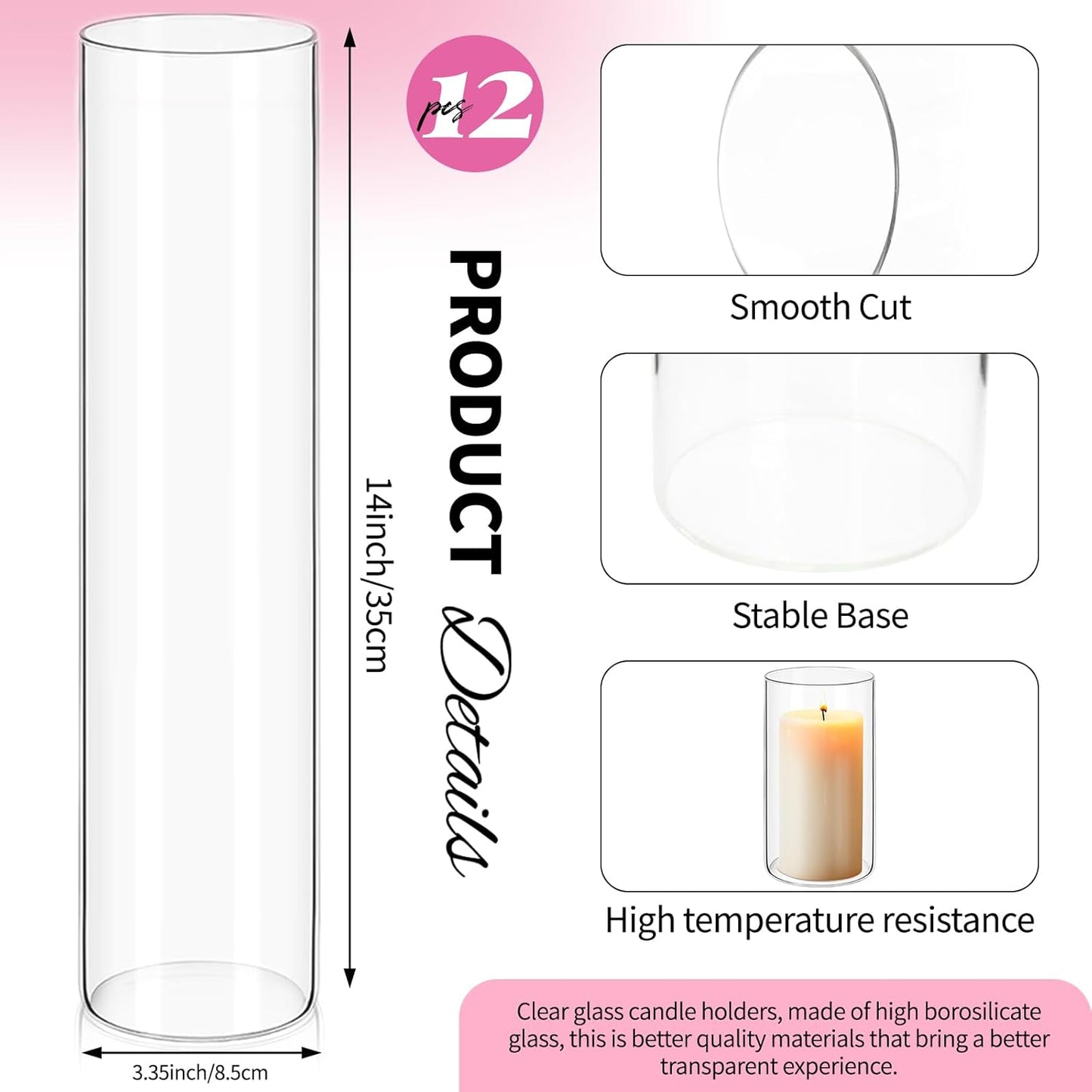 12Pack Glass Cylinder Vases for Centerpieces - 14 Inch Tall Flower Vase for Wedding Decorations, Floating Candle Holder Vase Bulk,Glass Hurricane Candle Holders for Table Shelf, Party, Home Decor