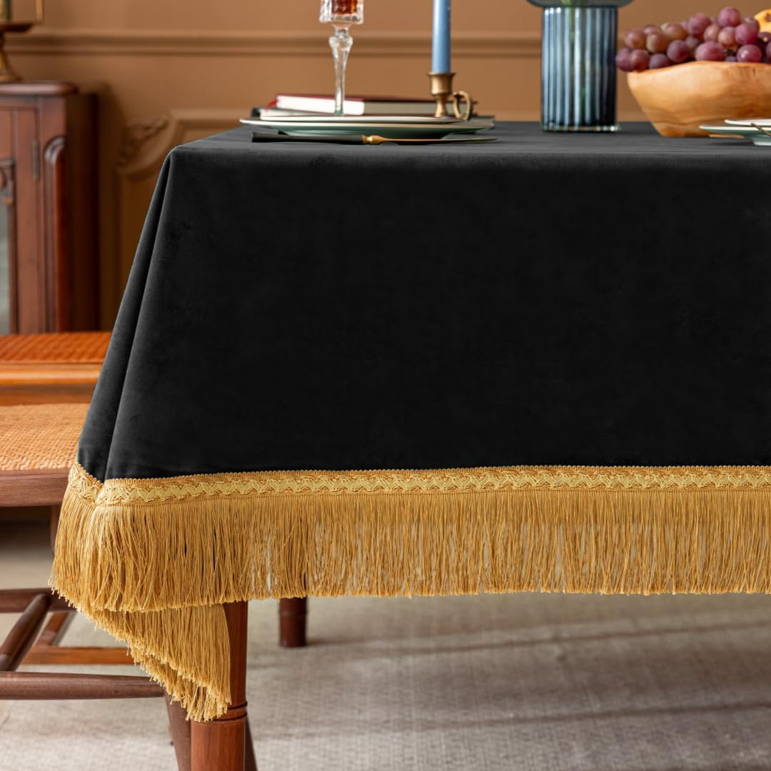 F-CHU Luxury Black Tablecloth Thickset Velvet Tablecloth with Beautiful Gold Tassels Table Cloth for Home Decor Wedding, Party, Banquet and Events 60x60-Inch