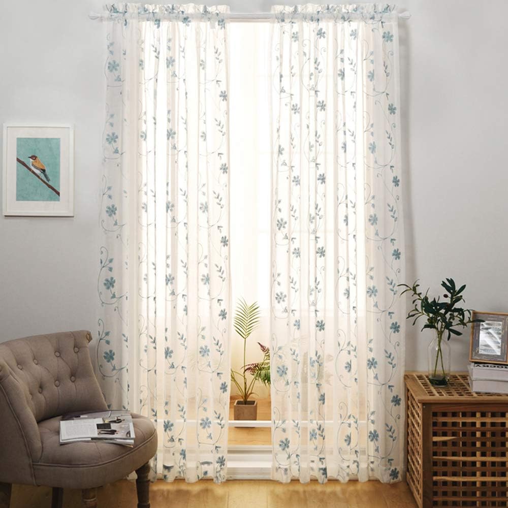 Blue Sheer Curtains 84 Inches Long, Floral Embroidered Rod Pocket Sheer Drapes for Living Room, Bedroom, 2 Panels, 52"x84", Semi Crinkle Voile Window Treatments for Yard, Patio, Villa, Parlor .