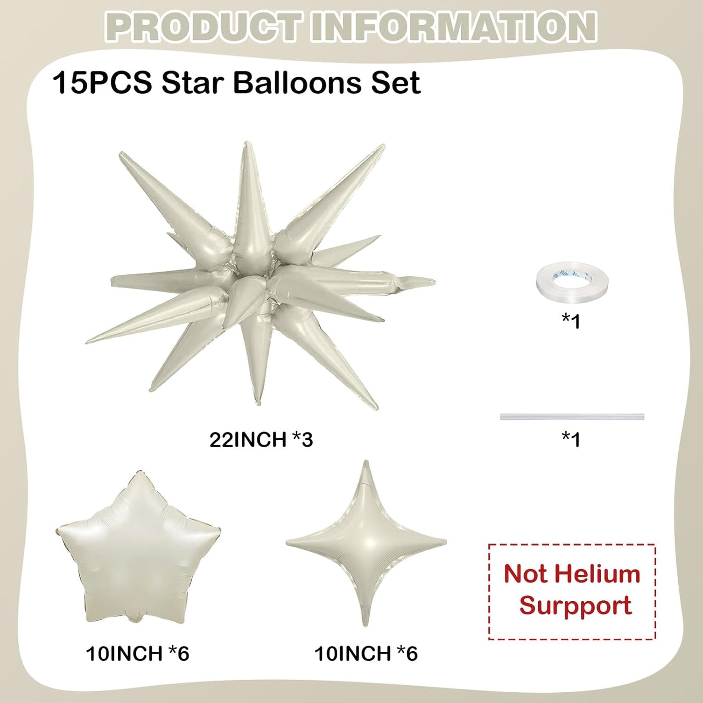 Cream Star Balloons, 22in White Sand Star Balloons Foil 10in 4-Pointed & Ivory Pentagram Balloon for Baby Shower Wedding Boho Themed Birthday Party Decorations
