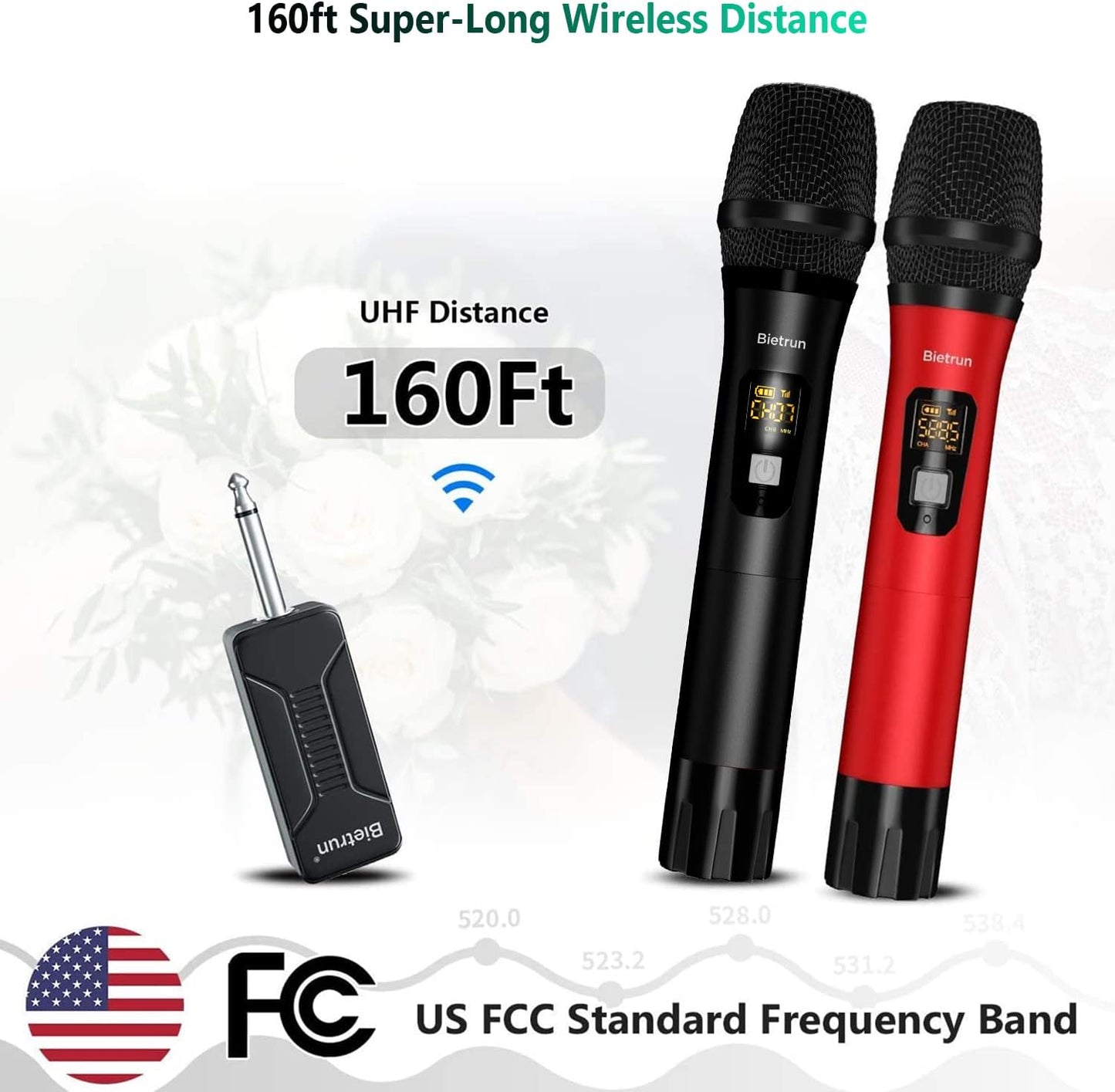 Bietrun Wireless Microphone Dynamic Mic System with Rechargeable Receiver, 1/4" Output, for Karaoke, Church, Speech, Wedding, Party Singing(160 ft Range)-Auto Connect