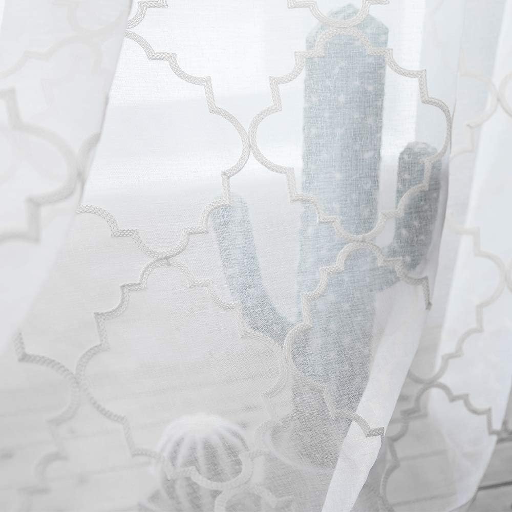 Sheer Curtains White 63 Inches,Embroidered Moroccan Tile Lattice Design Rod Pocket Voile Drapes for Living room, Bedroom, Window Treatment Crinkle Curtain Panels for Villa, Parlor, Set of 2, 52"x 63".