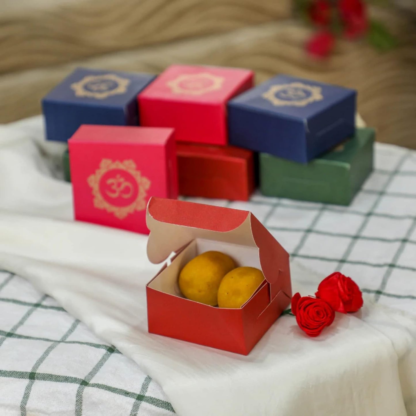 Om Printed Colorful Paper Sweet Boxes for Indian sweets, Cookies, Goodies, Mithai, Candy, Gift boxes Handmade Bulk Mithai box, Favor boxes for wedding, Pooja, 2.95x2.95x1.37 Inch (Pack of 8)