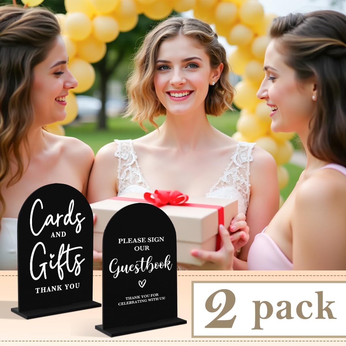 2 Pcs Acrylic Wedding Signs for Ceremony and Reception, Bridal Shower Decorations, Cards and Gifts Signs, Guest Book Sign, Arch Acrylic Table Top Sign with Holder for Wedding Reception (Black)