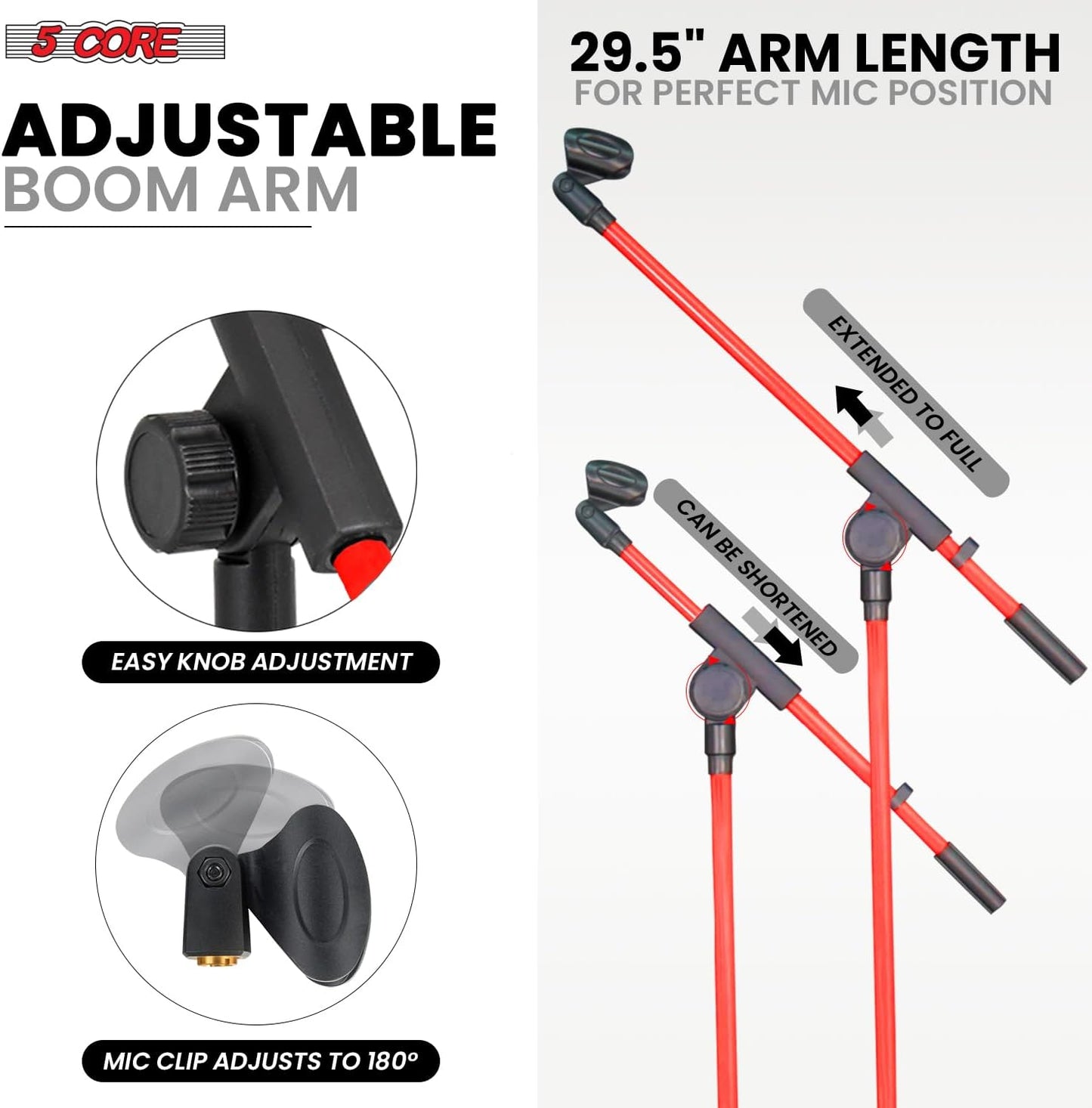 5 Core Tripod Mic Stand Floor Adjustable 18 to 72 Inches Sturdy Boom Arm Holder Microphone Stands Pedestal Para Microfono for Singing - MS 080 RED