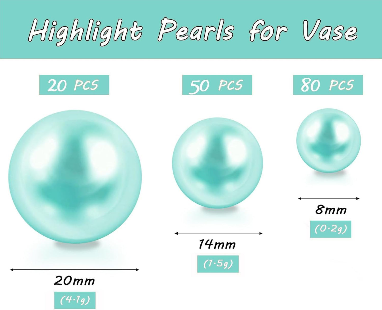 150Pcs Lake Blue Polished No Hole Faux Pearl Beads for Vase Filling Decorations, Plastic Pearls Vase Fillers, Table Scatters, Wedding Centerpiece, Home Decor, 8/14/20 mm