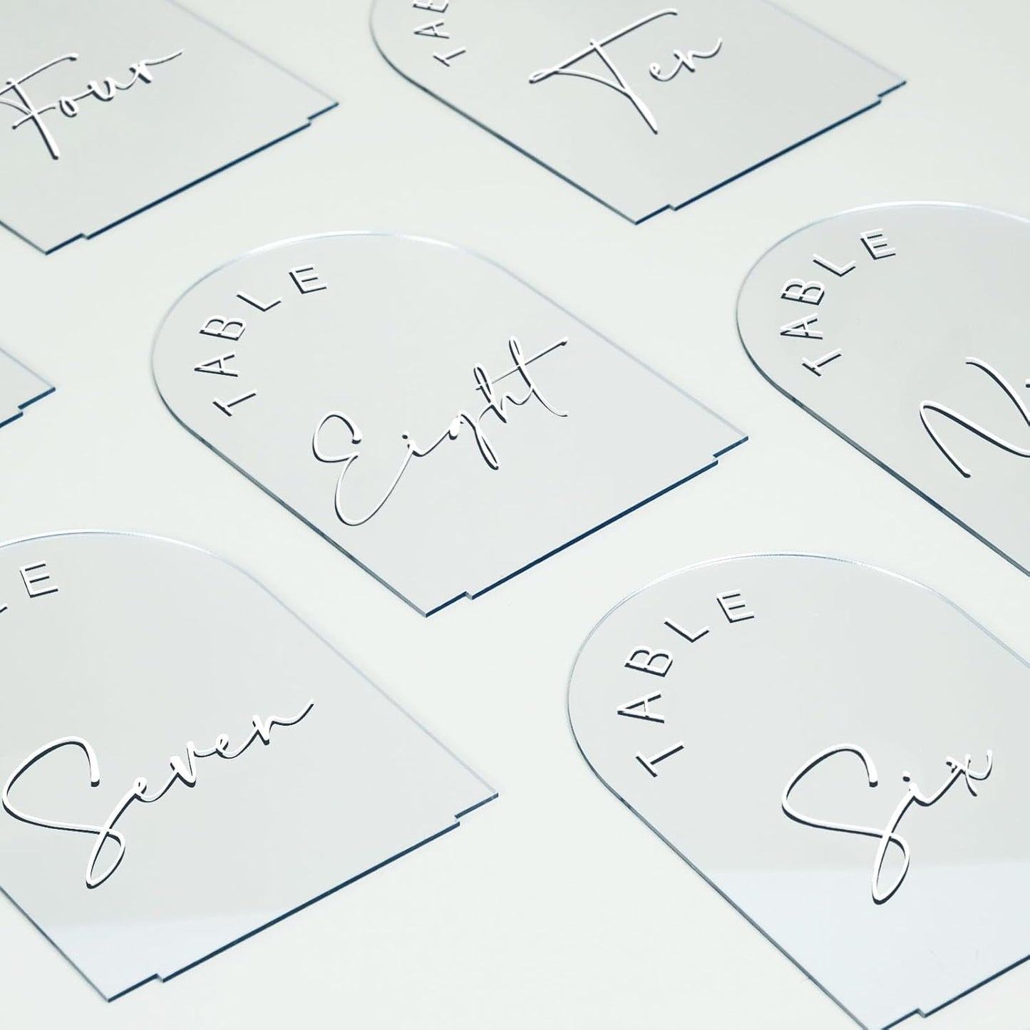 JINMURY Sliver Arch Wedding Table Numbers 1-20 with Stands, 5x7 Inch Acrylic Arch Sign with White Lettering, Sliver Mirror Acrylic Table Numbers for Wedding Reception