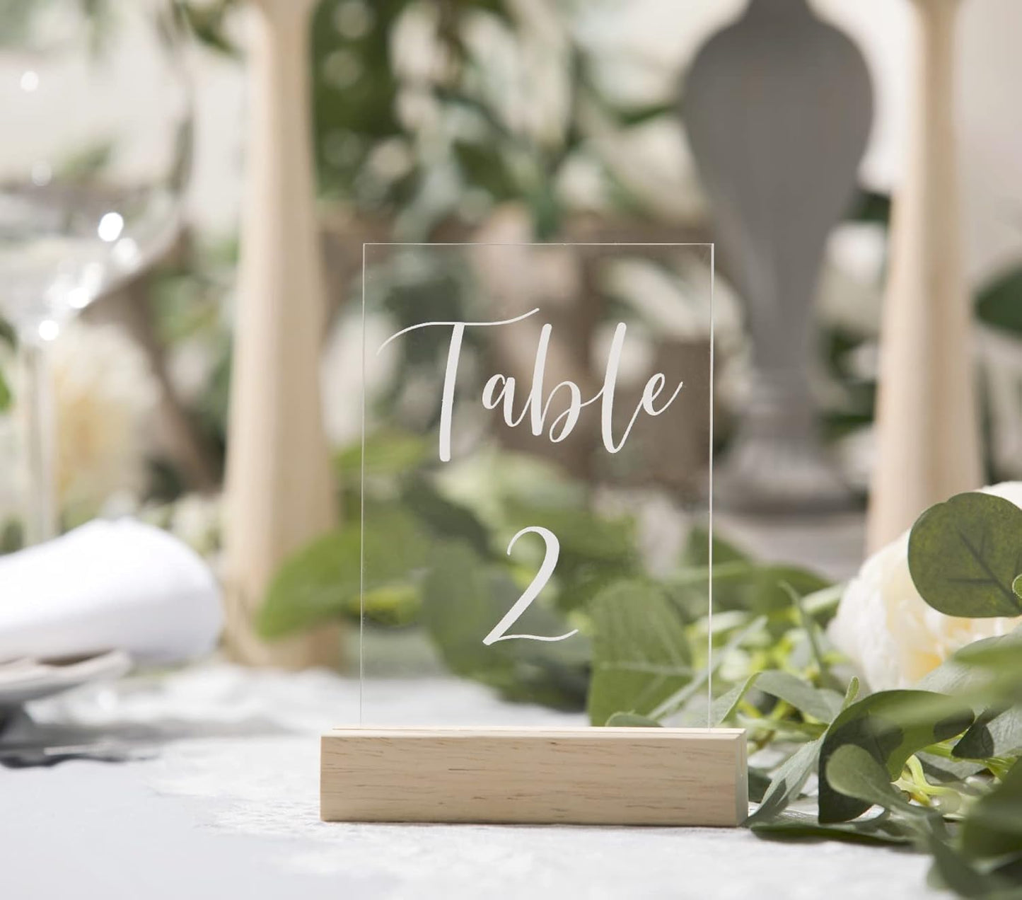 UNIQOOO 5 Pack Wood Table Number Stands | 1/8” Thick Acrylic Sign Holders | Oak Wood Display Stands | Place Card Holder, Perfect for Retail Shop Wedding Dinner Party, Events Decoration, Retail Shop