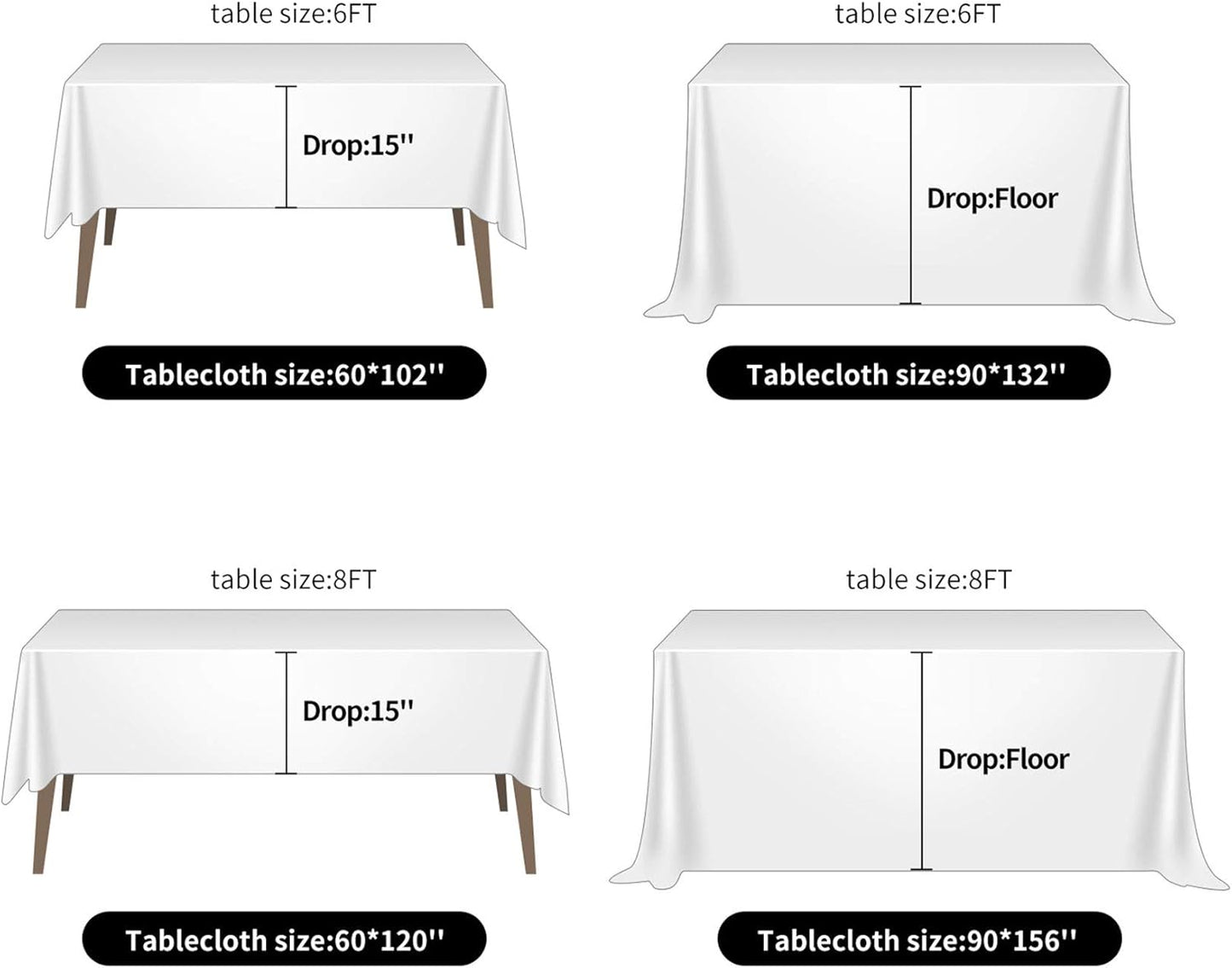 Ascoza 2pack 90x156 Inch White Rectangular Tablecloth 8 Feet Table Cloth in Polyester Fabric for Wedding/Banquet/Restaurant/Parties