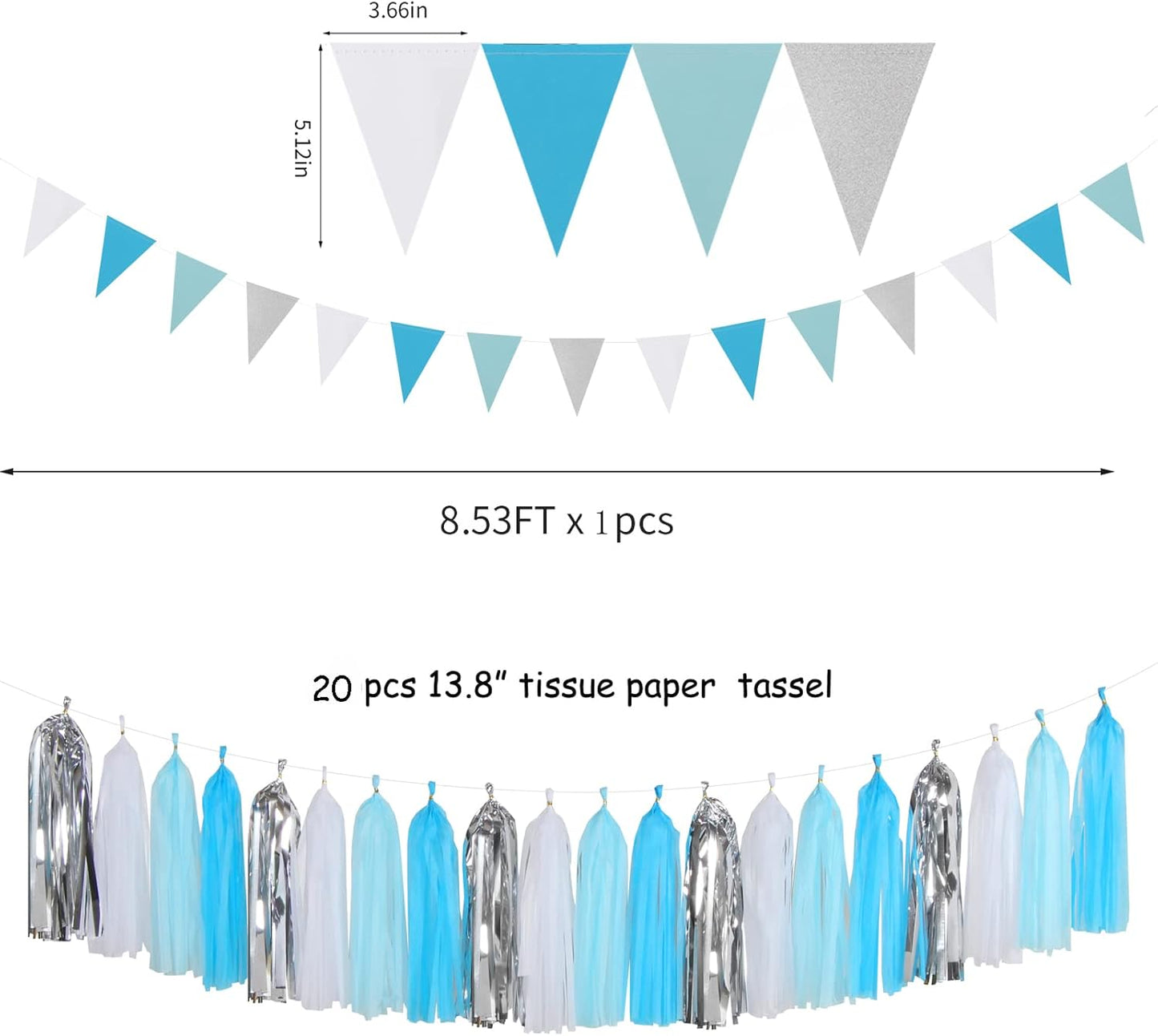 Royal-Light Blue Silver Party Decorations - 30pcs Tissue Pom Poms Streamers,Birthday Tassel Garland Banner,Graduation Wedding Engagement Baby Bridal Shower Decor Ouruola