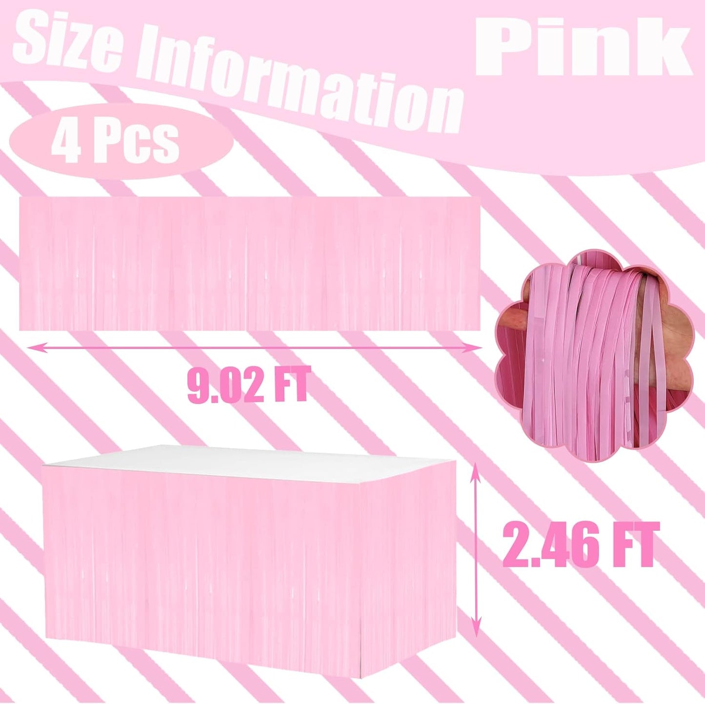 4 Pack 29x108 Inch Metallic Foil Fringe Tinsel Table Skirts for Rectangle Tables Streamer Backdrop for Wedding, Birthday, Parade Floats, Christmas, Halloween Party Decoration(Macaron Pink)
