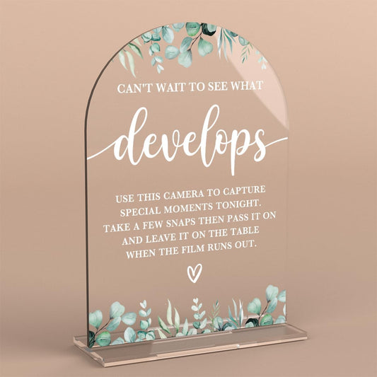 Acrylic Wedding Sign Can't Wait to See What Develops Signs for Ceremony Modern Calligraphy Arch Acrylic Table Top Signs for Wedding Reception and Event Party Table Decor (Eucalyptus Leaves)