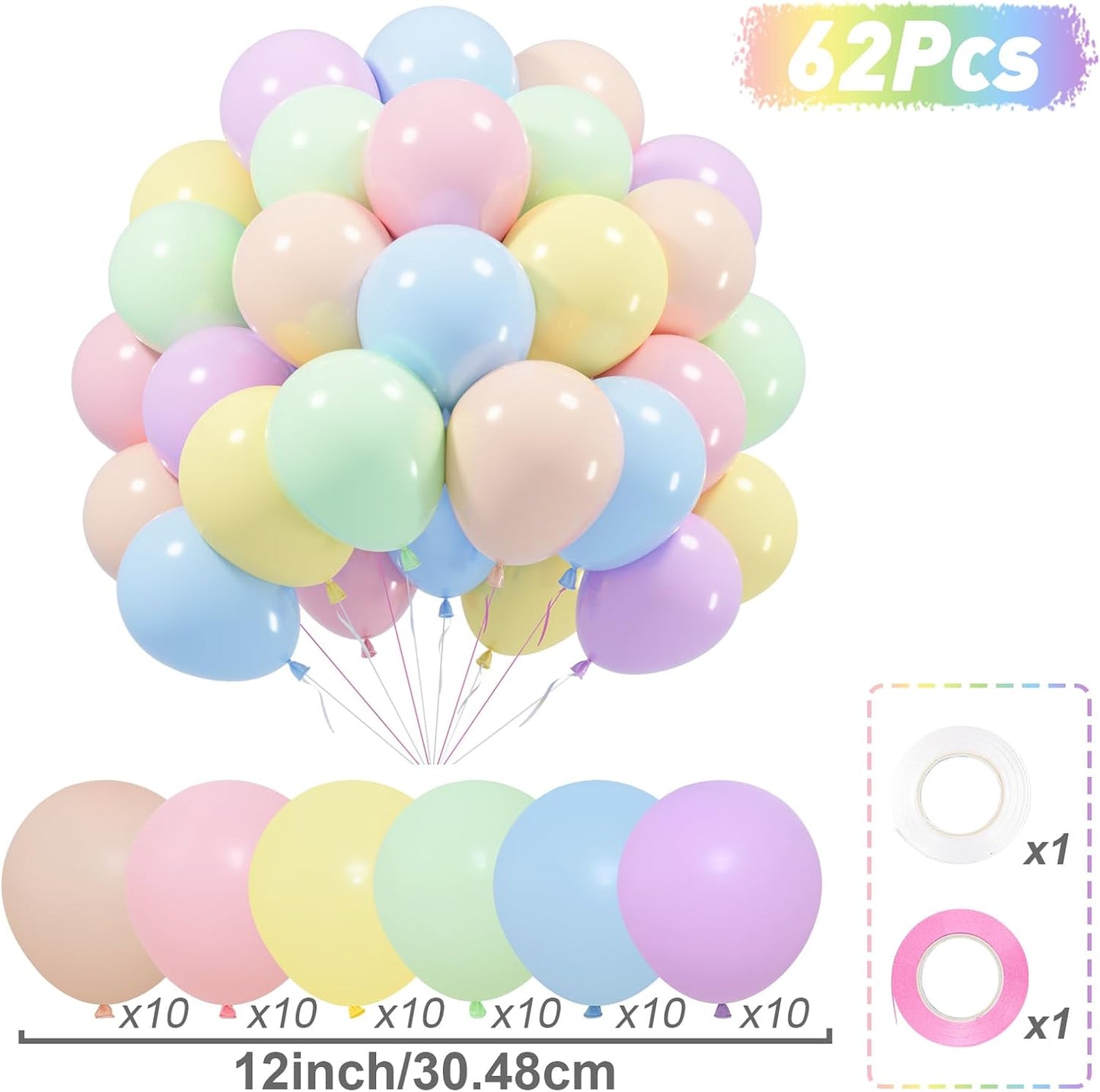 Netnology Pastel Balloons Set, 60Pcs 12 Inch Rainbow Macaron Pink Blue Purple Green Yellow Orange Colorful Latex Balloon for Birthday Baby Shower Bridal Shower Wedding Party Decorations