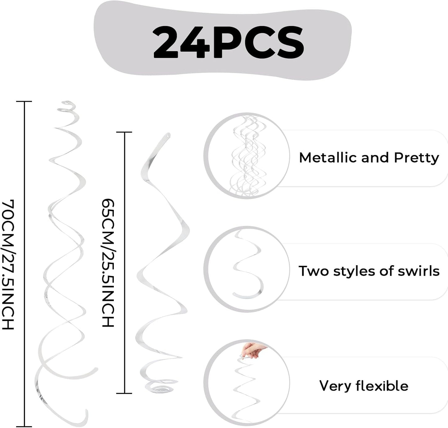 24 PCS Silver Foil Hanging Swirl, Sparkle Ceiling Hanging Decorations, Plastic Streamer Party Decorations, Swirl Decorations with Double-Swirls and Single-Swirls for Birthday, Baby Shower, New Years