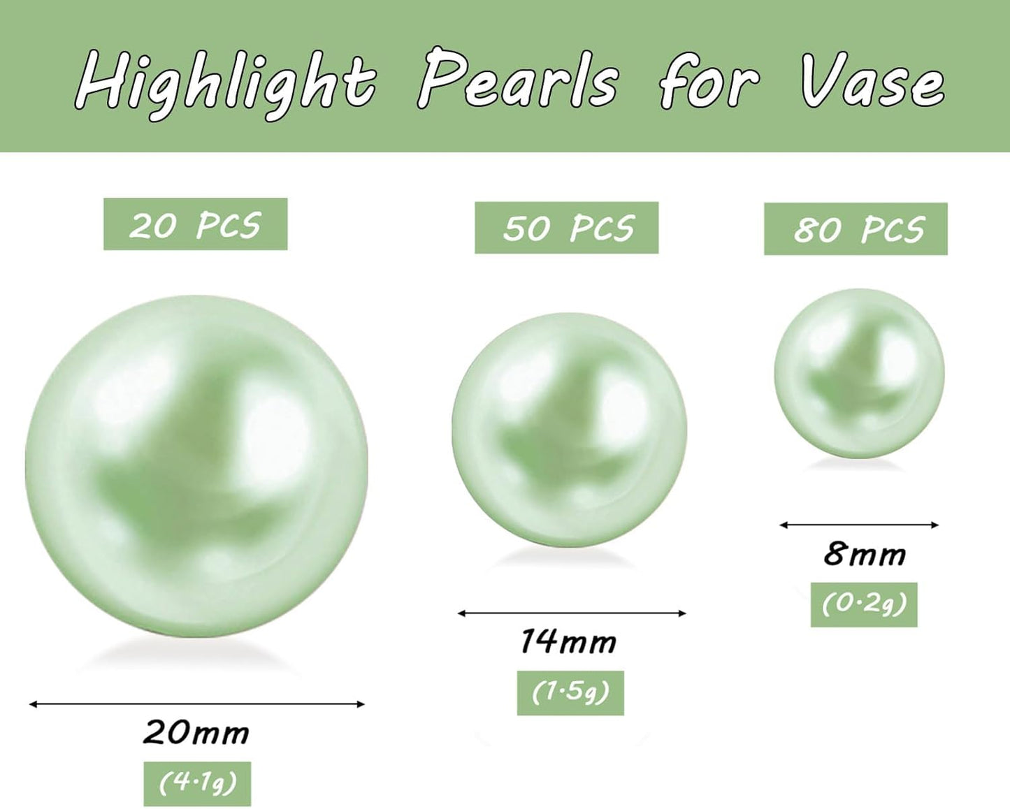 150Pcs Light Green Polished No Hole Faux Pearl Beads for Vase Filling Decorations, Plastic Pearls Vase Fillers, Table Scatters, Wedding Centerpiece, Home Decor, 8/14/20 mm