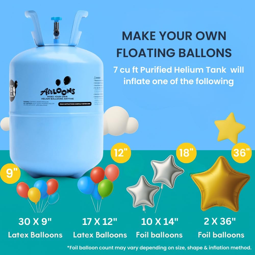 Airloons 9.5in Standard Helium Balloon Kit - Disposable Portable Helium Tank for Balloons at Home - Includes Helium Tank, 30 Latex Balloons, Curling Ribbon