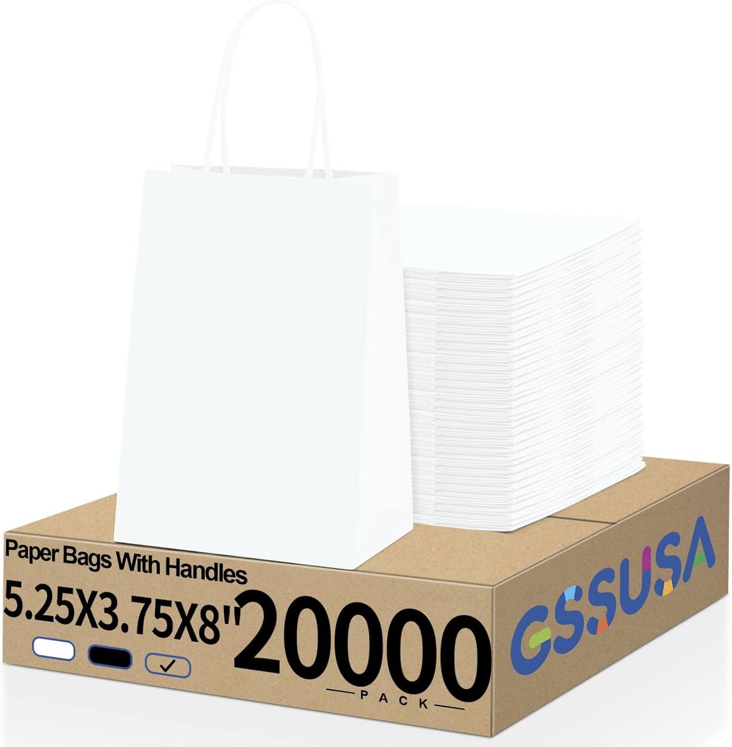 GSSUSA Paper Gift Bags 5.25x3.75x8 Inch 20000 Pack, Valentine's Day Gift Wrap Bags with Handles, White Kraft Paper Bag for Small Business, Heavy Duty Bulk, for Birthday Party Favors, Shopping, Retail