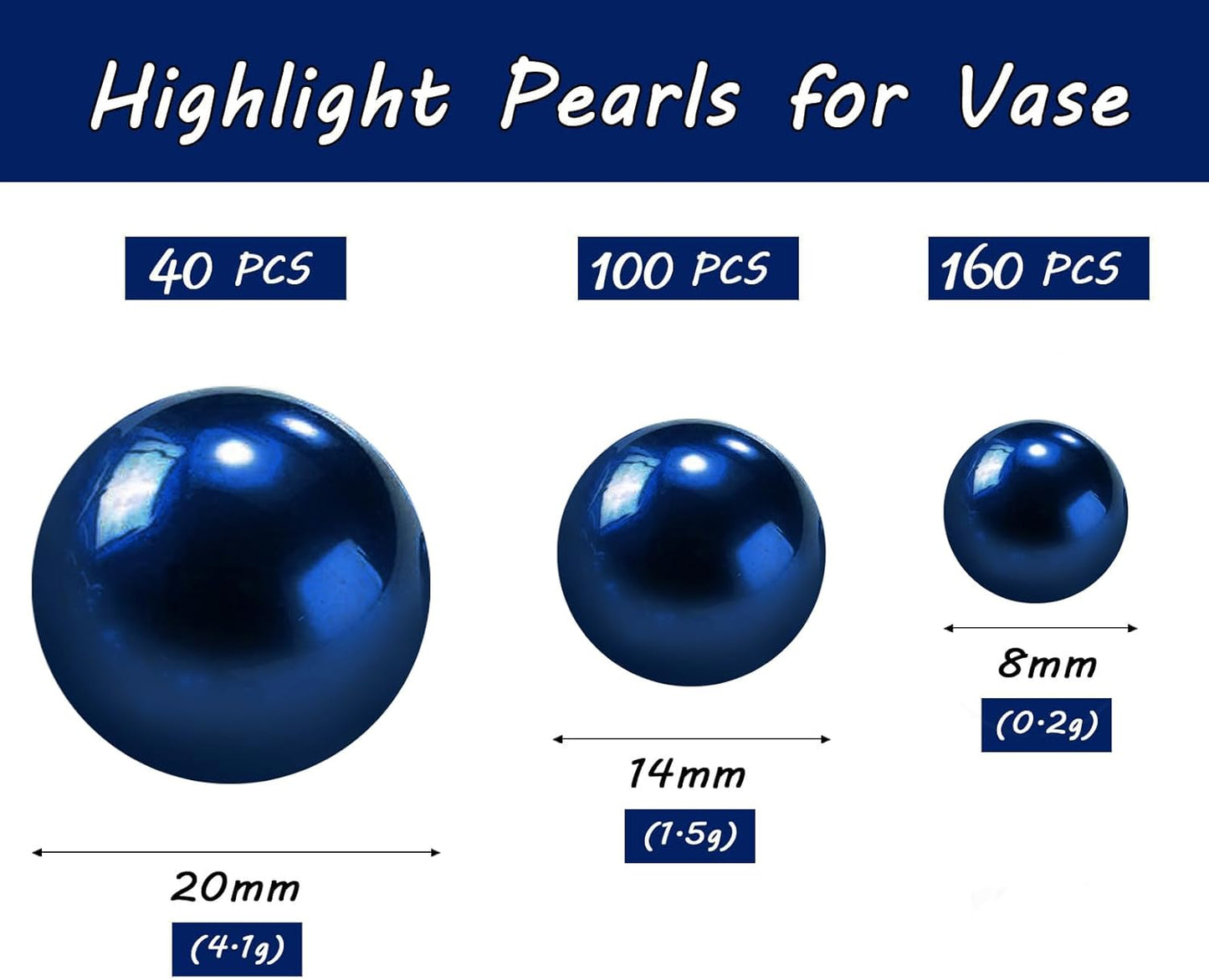 300Pcs Navy Blue Polished No Hole Faux Pearl Beads for Vase Filling Decorations, Plastic Pearls Vase Fillers, Table Scatters, Wedding Centerpiece, Home Decor, 8/14/20 mm