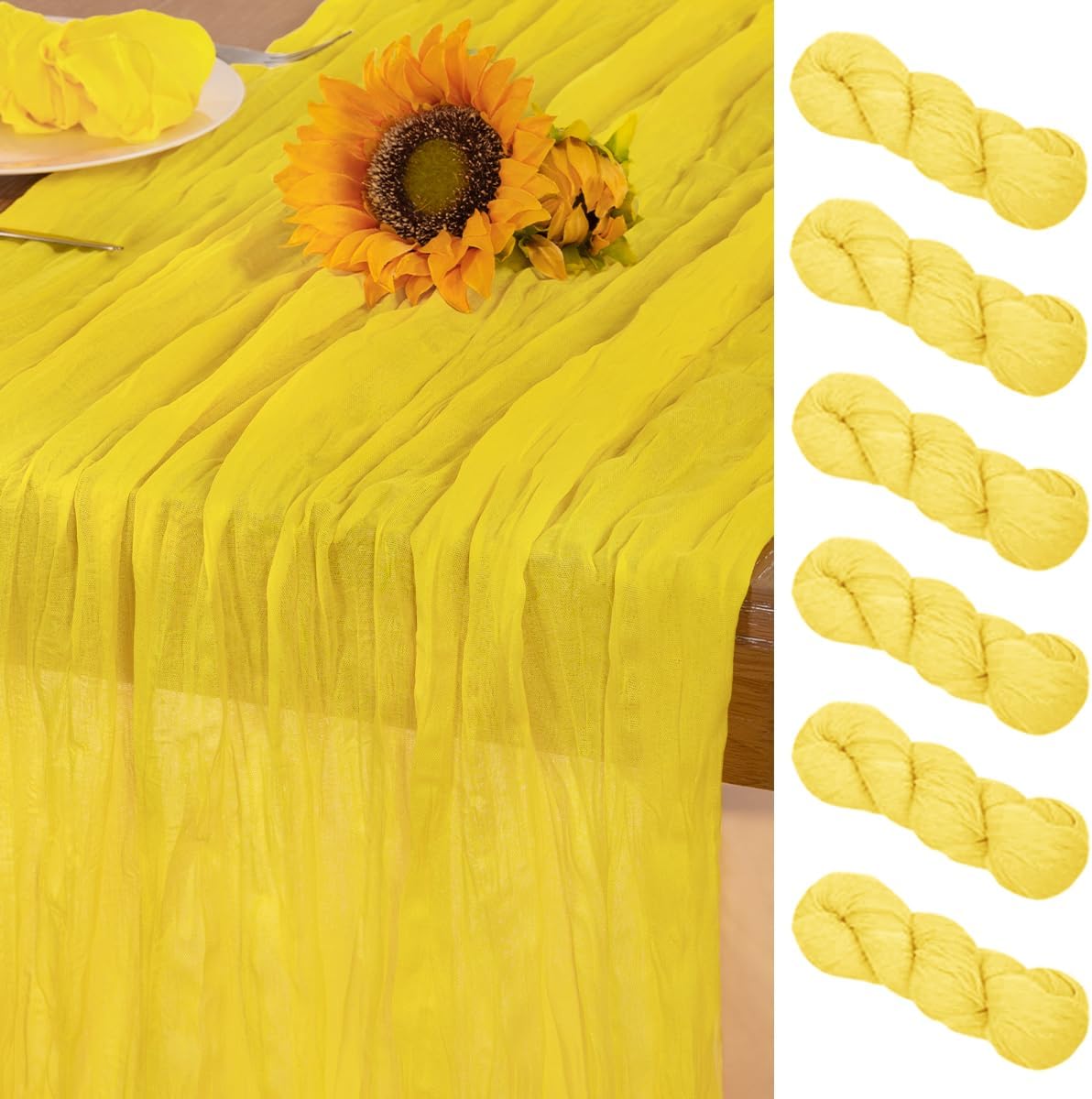 Lemon Yellow Cheesecloth Table Runner 6 Pack Fall Table Runners Boho Gauze 120 Inches Yellow Cheese Cloth Fall Table Decorations for Thanksgiving Wedding Bridal Baby Shower Parties Decor