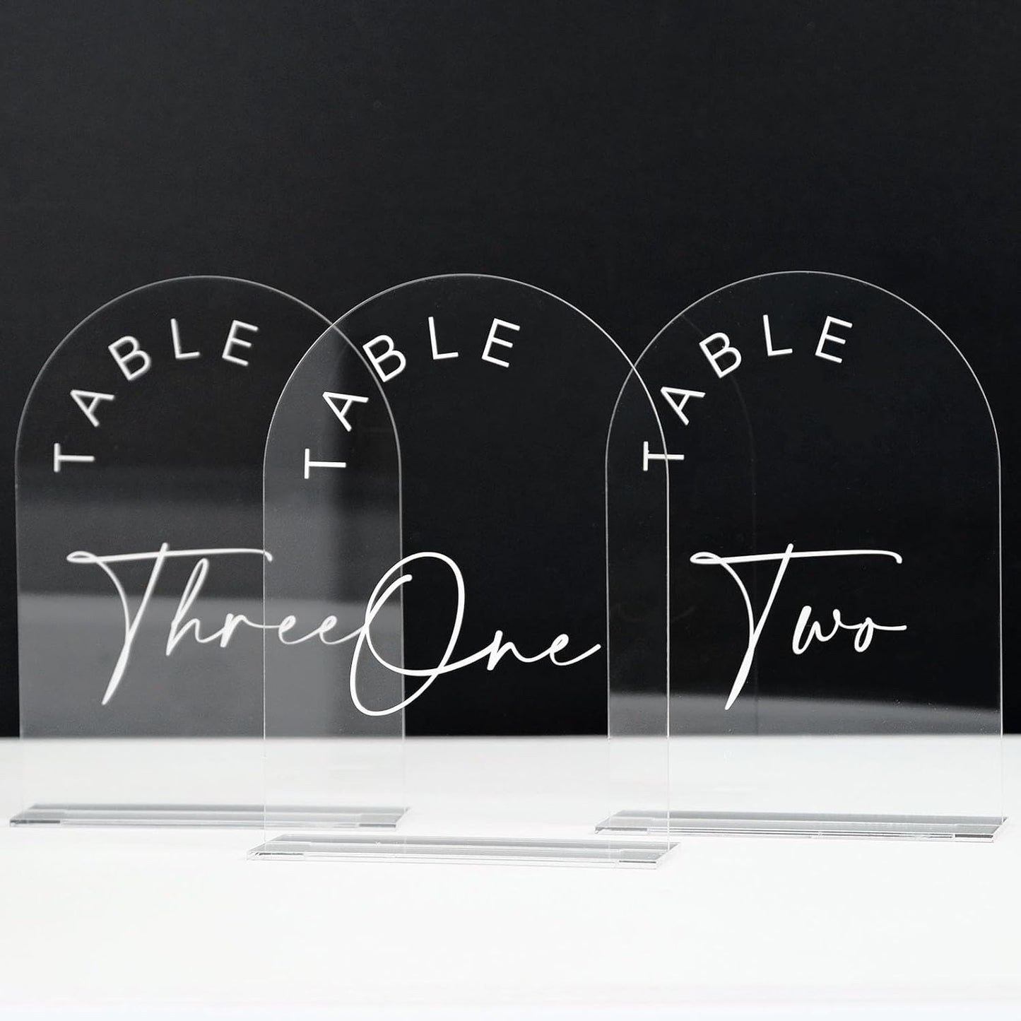 JINMURY Clear Arch Wedding Table Numbers 1-10 with Stands, 5x7 Inch Acrylic Arch Sign with White Lettering, Clear Acrylic Table Numbers for Wedding Reception