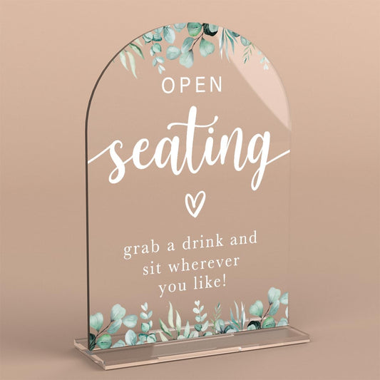 Acrylic Wedding Sign Open Seating Signs for Ceremony Modern Calligraphy Arch Acrylic Table Top Signs for Wedding Reception and Event Party Table Decor (Eucalyptus Leaves)