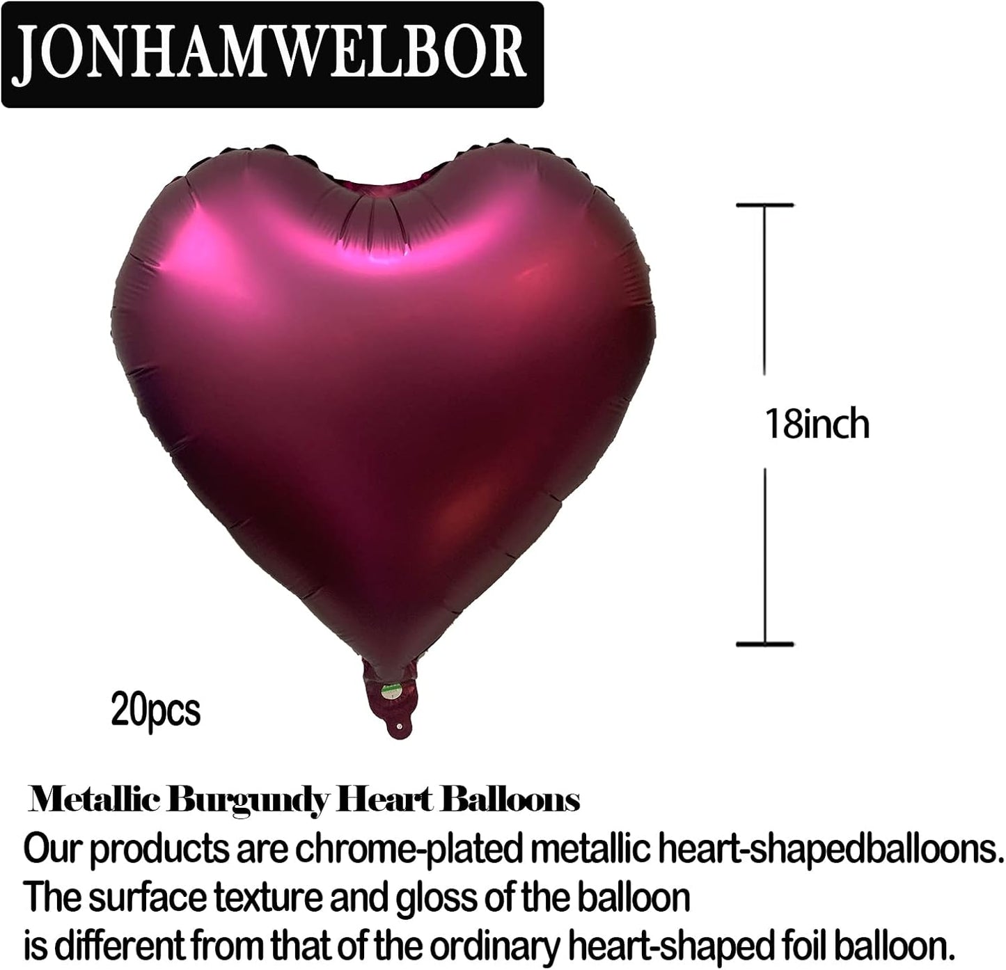 Jonhamwelbor 20Pcs 18 inch Burgundy Foil Mylar Heart Shape Balloons Decorations Valentines Birthday Wedding Baby Shower Party (Maroon)