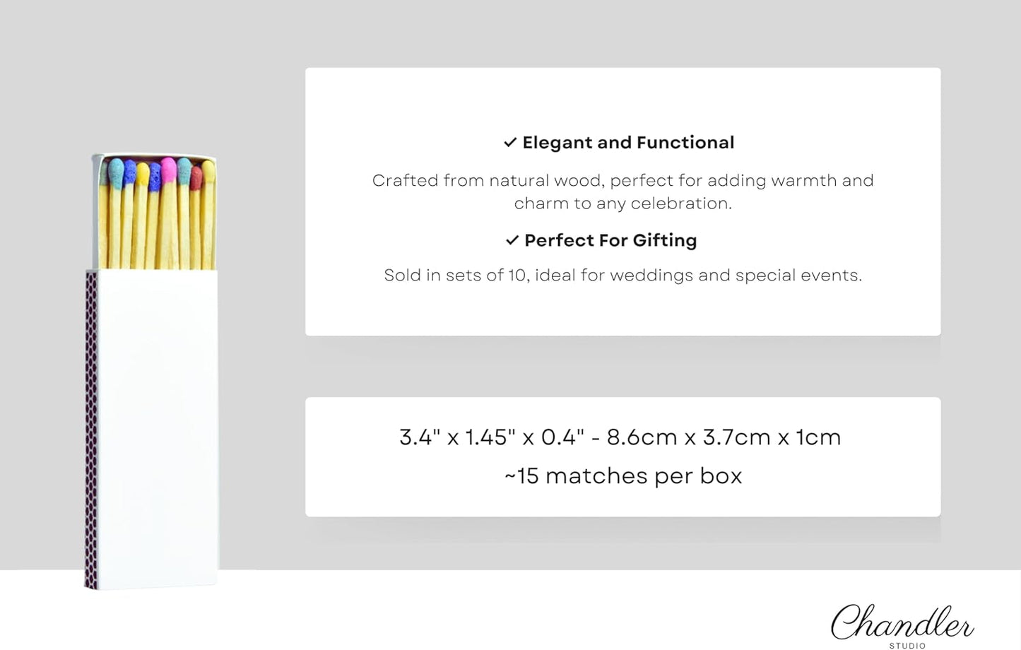 Chandler Studio 10 Boxes - Wooden Matchsticks in a Blank Matchbox with White/Black Matchboxes Colorful Tips (3" Matchboxes, 10 Boxes)