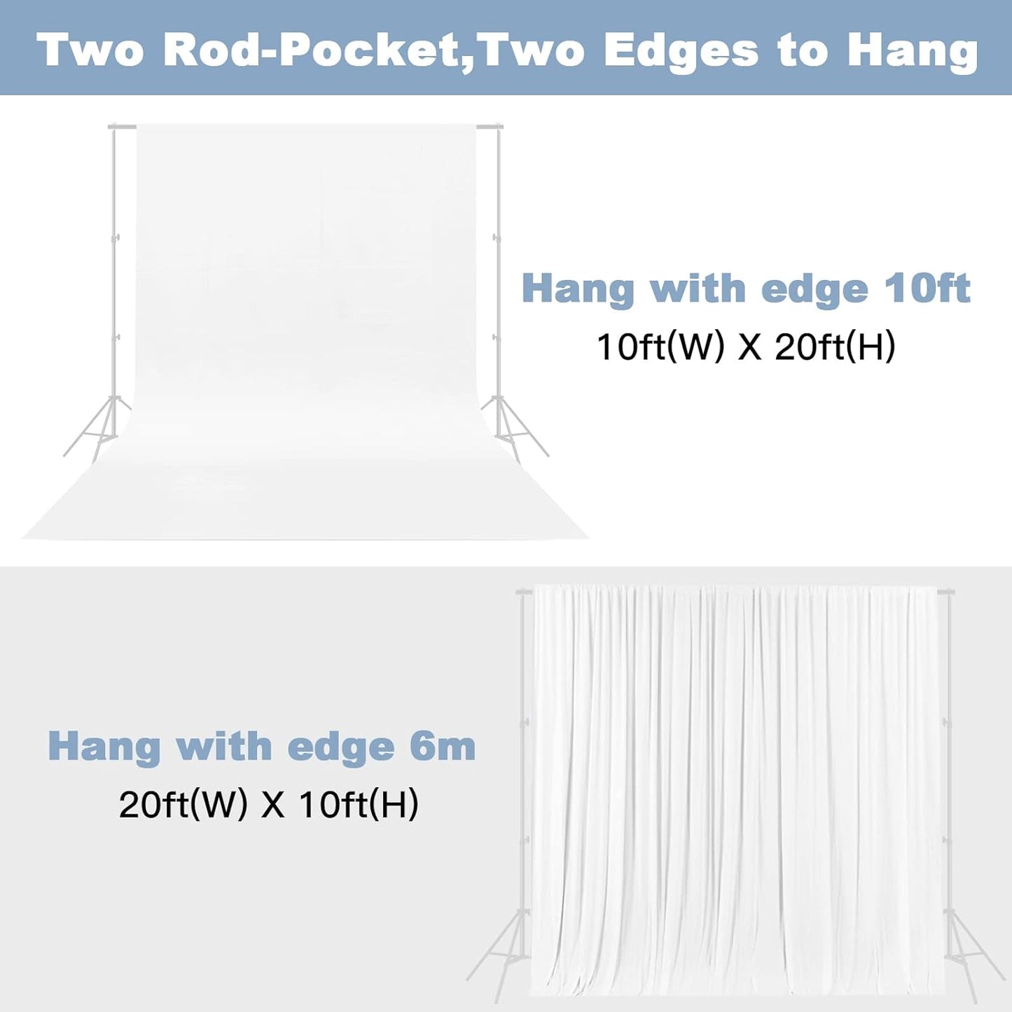 10X20ft White Photo Backdrops for Photography, LCUIRC TWO ROD POCKET White Backdrops Curtain for Parties, Polyester White background with 4 Clamps for Product Protrait Photoshoot or Parties Decoration