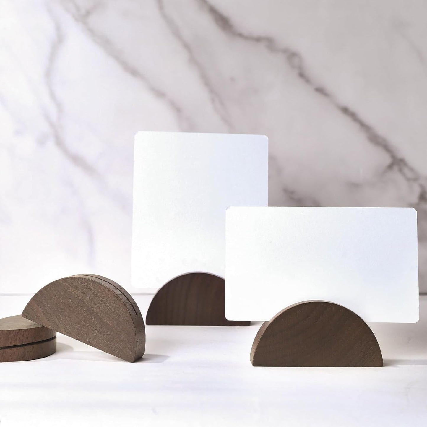 UNIQOOO 10 Set 2" Arch Walnut Wood Stand with Cards |1.2mm Slot, for Name Cards, Place Card Holder, Photo Display Stand | for Event Decor, Retail Shop, Cafe Restaurant Menu, Business Card, Name Tag