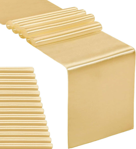 15-Pack Satin Table Runner Light Gold 12 x 108 inches Long, Table Runners for Wedding, Birthday Parties, Banquets Decorations（15 Pack, 12x108 Inch, Light Gold）